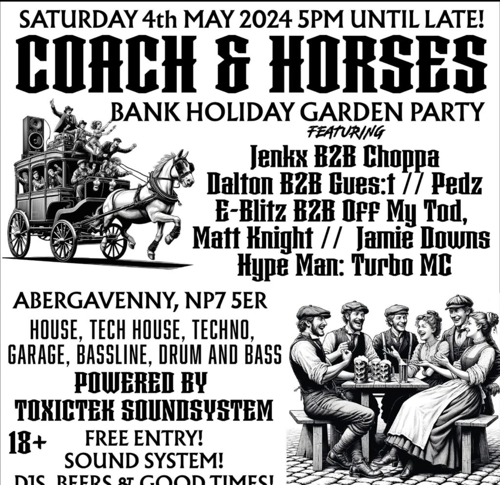 coach and horses bank holiday garden party poster for an event in abergavenny