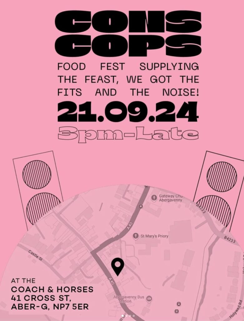 cons cops poster for the vintage clothing event in the coach and horses abergavenny beer garden
