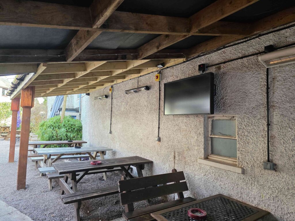 benches and heaters in the beer garden of the coach and horses abergavenny